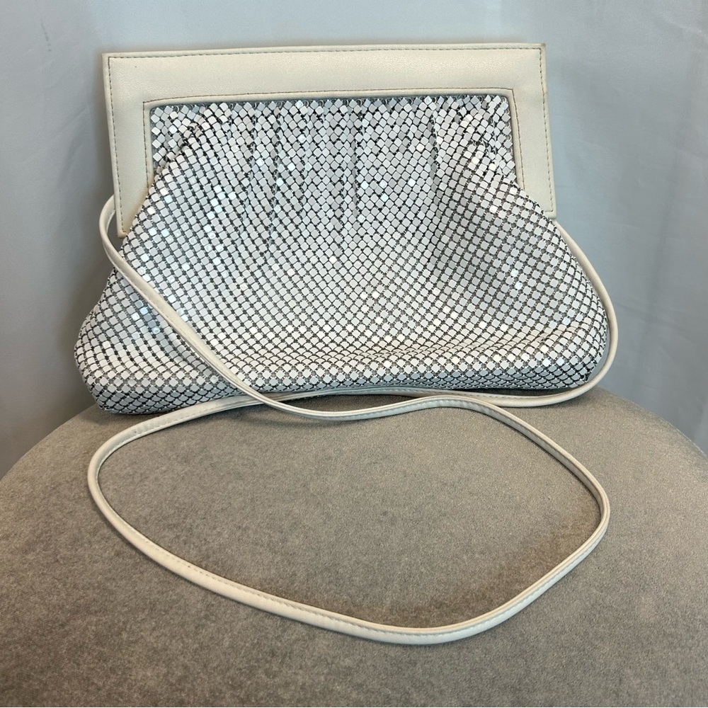 Whiting and Davis International white chain metal mesh crossbody evening purse